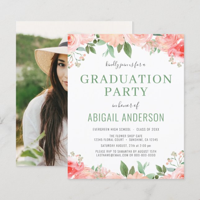 Papier Budget 2023 Floral Photo Graduation Invitation (Devant / Derrière)