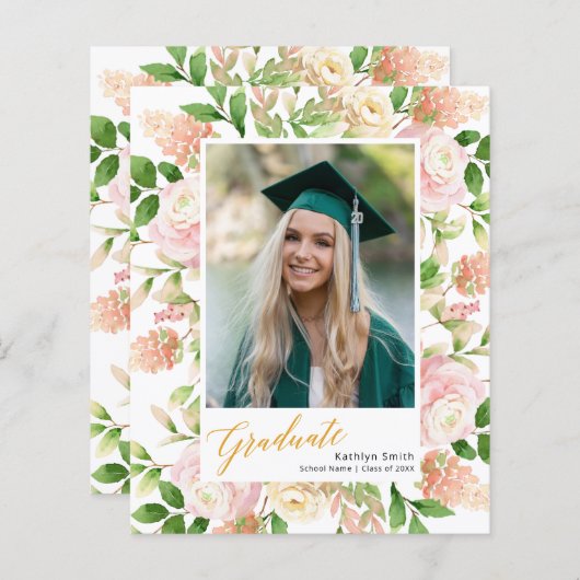 Papier BUDGET 2023 Pink Floral Photo Grad Faire-part (Devant / Derrière)