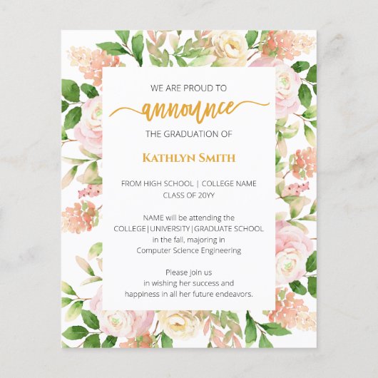 Papier BUDGET 2023 Pink Floral Photo Grad Faire-part (Dos)