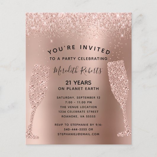 Papier Budget 21e anniversaire Champagne Rose Invitation (Devant)