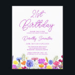 Papier BUDGET 21e anniversaire Fleur sauvage violet Invit<br><div class="desc">Une jolie frontière fleur sauvage décore le fond de cette invitation de fête de 21e anniversaire adulte. Les fleurs violettes, bleues, jaunes et oranges créent un design coloré et heureux pour célébrer cet anniversaire marquant. La calligraphie violette moderne et simple ajoute une touche tendance pour la garder fraîche. Le flux...</div>