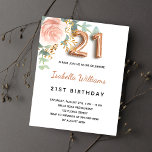 Papier Budget 21e anniversaire fleurie rose d'or eucalypt<br><div class="desc">Une élégante invitation à une fête de 21e anniversaire. Un arrière - plan blanc chic. Décoré d'or rose et de rose pastel rose vif, de fleurs roses, de feuilles d'eucalyptus verts, de sprigs, de verdure et de faux sprigs d'or. Personnalisez et le nom et les détails du parti. Lettres noires...</div>