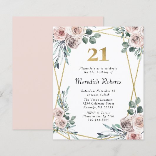 Papier Budget 21e anniversaire Floral Gold Party Invitati (Devant / Derrière)