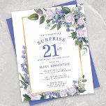 Papier Budget 21e anniversaire Invitation à une fête surp<br><div class="desc">Honorer une femme spéciale avec cette invitation élégante et féminine Budget 21e anniversaire Surprise Party. Surprise et 21e sont écrits en gros bleu. Célébration d'anniversaire suit. Le nom de l'invité honoré est également en lettres majuscules bleues. Les détails de la fête d'anniversaire sont entourés d'un cadre doré chic. Les fleurs...</div>