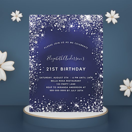 Papier Budget 21e anniversaire Marine bleu argent invitat