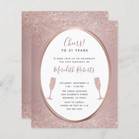 Papier Budget 21e Anniversaire Rose Invitation Champagne (Devant / Derrière)