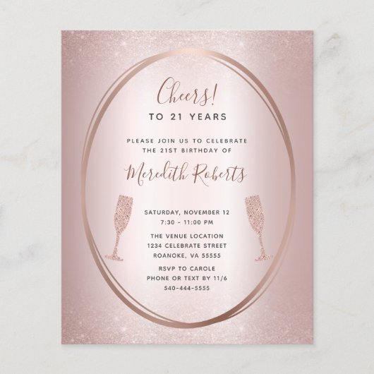 Papier Budget 21e Anniversaire Rose Invitation Champagne (Devant)