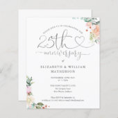 Papier Budget 25e Anniversaire Coeur Floral Invitation (Devant / Derrière)