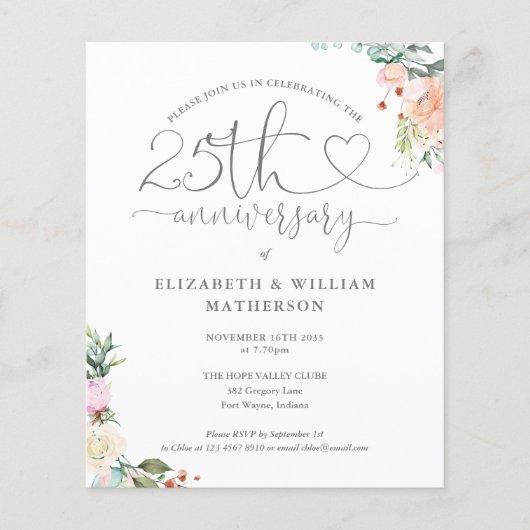 Papier Budget 25e Anniversaire Coeur Floral Invitation (Devant)