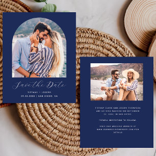 Papier Budget 2-Photo Arch Navy Blue Faire-part de mariag