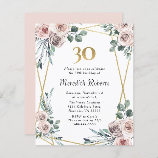 Papier Budget 30e anniversaire Floral Gold Party Invitati (Devant / Derrière)