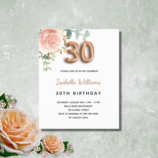 Papier Budget 30e anniversaire floral rose d'or eucalyptu