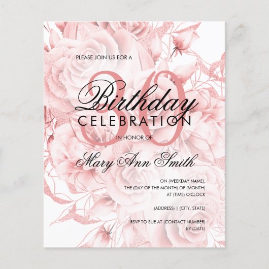 Papier Budget 30e anniversaire Floral Rose Invitation or (Devant)