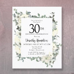 Papier Budget 30e anniversaire Invitation florale blanche<br><div class="desc">L'élégante invitation à la fête du 30e anniversaire présente un cadre botanique de fleurs blanches et de feuilles verts. Le nom de la personne d'anniversaire est écrit dans un texte traditionnel. Tout le texte peut être facilement édité pour créer juste le ton de fête approprié.</div>