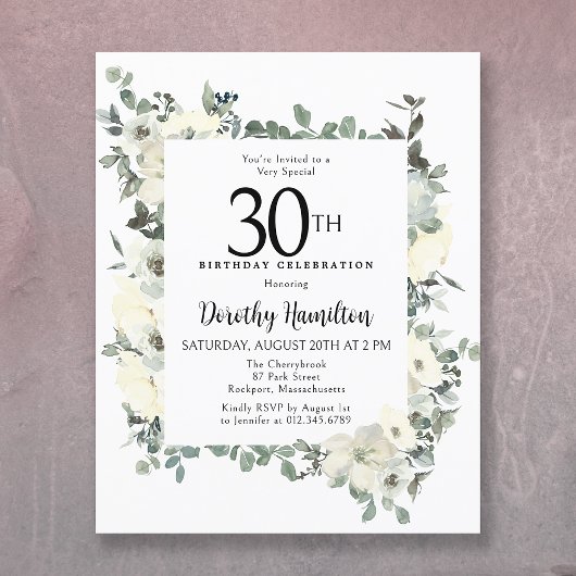Papier Budget 30e anniversaire Invitation florale blanche