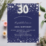 Papier Budget 30e anniversaire marine bleu argent invitat<br><div class="desc">Une invitation moderne,  élégante et glamour pour une fête de 30e anniversaire. Un arrière - plan bleu marine,  décoré de faux étoiles argentées. Personnalisez et ajoutez votre nom et les détails de votre fête. Le numéro 30 est écrit avec une police de style ballon.</div>