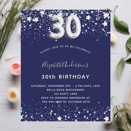 Papier Budget 30e anniversaire marine bleu argent invitat