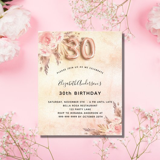 Papier Budget 30e anniversaire pampas herbe invitation ro