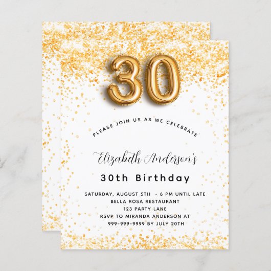 Papier Budget 30e anniversaire parties scintillant en or (Devant / Derrière)