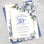 Papier Budget 30e anniversaire Surprise Party Invitation<br><div class="desc">Honorer une femme spéciale avec cette invitation élégante et féminine Budget 30e anniversaire Surprise Party. Surprise et 30ème sont écrits en gros caractères bleus. Célébration d'anniversaire suit. Le nom de l'invité honoré est également en lettres majuscules bleues. Les détails de la fête d'anniversaire sont entourés d'un cadre doré chic. Les...</div>