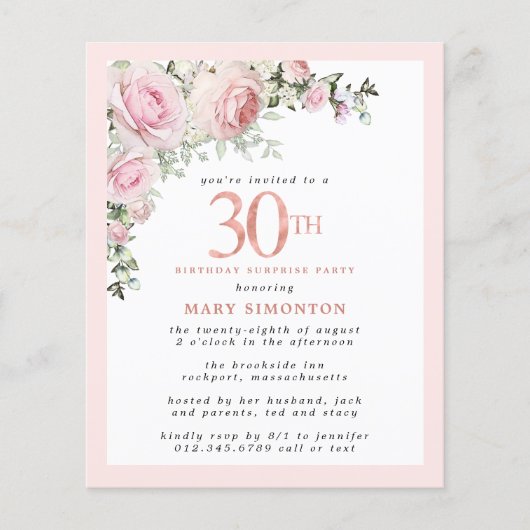 Papier Budget 30e anniversaire Surprise Party rose Floral (Devant)