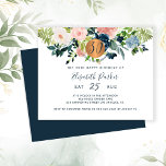 Papier Budget 30e fête d'anniversaire fleurie Invitation<br><div class="desc">Bouquets de fleurs bohème bleu marine, rose rousse, ivoire et bleu marine avec feuillage vert sauge et un cercle de faux métal or cuivre parties scintillant en métal glam moderne horizontale jalon féminin trentième heureux trente et fabuleux / tout âge anniversaire invitation avec un script de typographie chic et entièrement...</div>