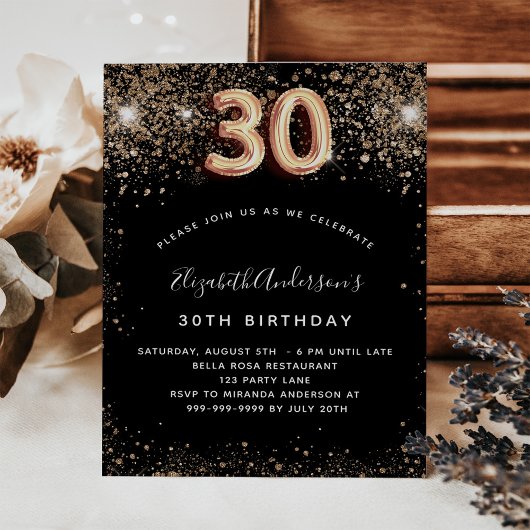 Papier Budget 30th birthday black gold glitter invitation