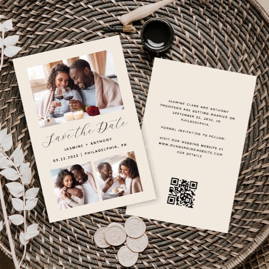Papier Budget 3-Photo Code QR Beige Faire-Part de Mariage