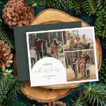 Papier Budget 3 Photo Collage Arc Joyeux Noël Photo<br><div class="desc">Faites des souvenirs inoubliables avec notre Carte photo de vacances budget. Présentant un délicieux collage 3 photos avec une arche sur la gauche, agrémenté de "Joyeux Noël" en faux script de feuille d'or calligraphie. Personnalisez-le avec votre nom de famille et votre année dans une police épurée et minimaliste. Retournez-le pour...</div>