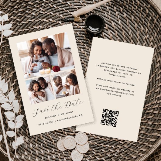 Papier Budget 3-Photo Collage Beige Enregistrer la date