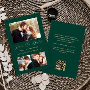 Papier Budget 3-Photo Collage Code QR Vert Save the Date