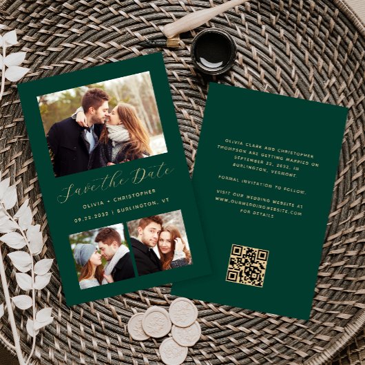 Papier Budget 3-Photo Collage Code QR Vert Save the Date