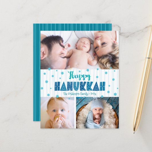 Papier Budget 3 Photo Happy Hanoukka Turquoise Stars Card (Devant/Arrière en situation)