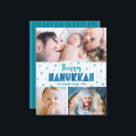 Papier Budget 3 Photo Happy Hanoukka Turquoise Stars Card<br><div class="desc">"Bonne Hanoukka." Une typographie artisanale amusante, ludique et fantaisiste, et une Star of David motif aléatoire en bleu turquoise clair, le tout surplombant des lignes bleu aqua clair dessinées à la main sur un arrière - plan blanc, ainsi que 3 photos de votre choix, vous aider à inaugurer à Hanoukka....</div>