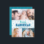 Papier Budget 3 Photo Happy Hanoukka Turquoise Stars Card<br><div class="desc">"Bonne Hanoukka." Une typographie artisanale amusante, ludique et fantaisiste, et une Star of David motif aléatoire en bleu turquoise clair, le tout surplombant des lignes bleu aqua clair dessinées à la main sur un arrière - plan blanc, ainsi que 3 photos de votre choix, vous aider à inaugurer à Hanoukka....</div>