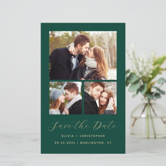 Papier Budget 3-Photos Collage Vert QR Code Save the Date (Debout devant)