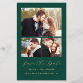 Papier Budget 3-Photos Collage Vert QR Code Save the Date (Devant)