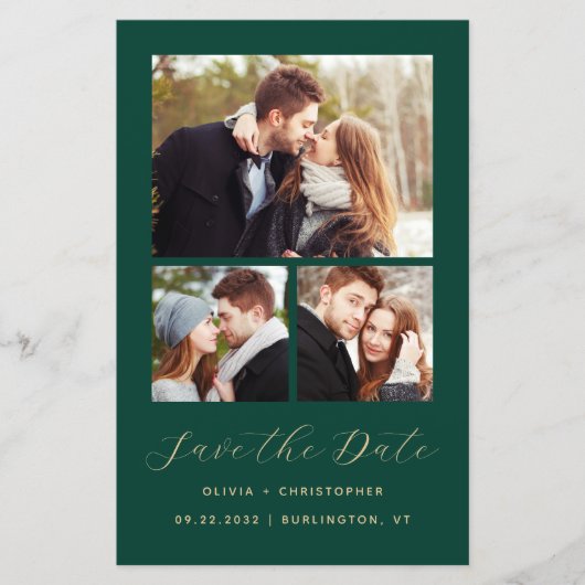 Papier Budget 3-Photos Collage Vert QR Code Save the Date (Devant)