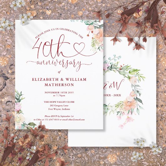 Papier Budget 40e Anniversaire Coeur Floral Invitation