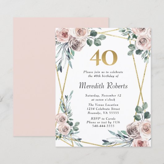 Papier Budget 40e anniversaire Floral Gold Party Invitati (Devant / Derrière)