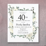 Papier Budget 40e anniversaire Invitation florale blanche<br><div class="desc">L'élégante invitation à la fête du 40e anniversaire présente un cadre botanique de fleurs blanches et de feuilles verts. Le nom de la personne d'anniversaire est écrit dans un texte traditionnel. Tout le texte peut être facilement édité pour créer juste le ton de fête approprié.</div>