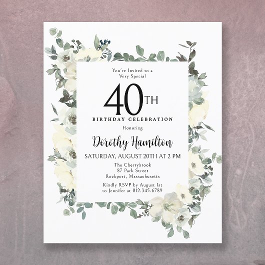 Papier Budget 40e anniversaire Invitation florale blanche