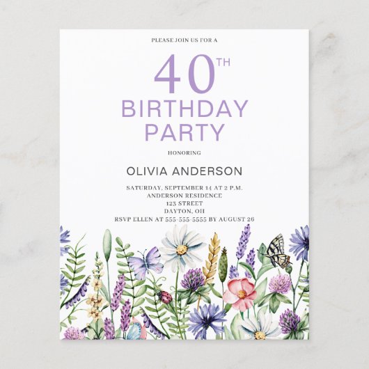 Papier Budget 40e anniversaire Invitation florale violett (Devant)