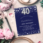 Papier Budget 40e anniversaire marine bleu argent invitat<br><div class="desc">Une invitation moderne,  élégante et glamour pour une fête de 40e anniversaire. Un arrière - plan bleu marine,  décoré de faux étoiles argentées. Personnalisez et ajoutez votre nom et les détails de votre fête. Le numéro 40 est écrit avec une police de style ballon.</div>