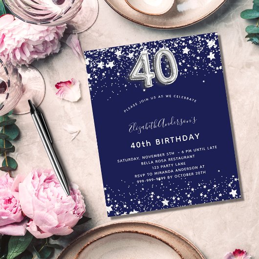 Papier Budget 40e anniversaire marine bleu argent invitat