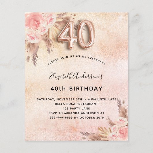Papier Budget 40e anniversaire pampas herbe invitation ro (Devant)