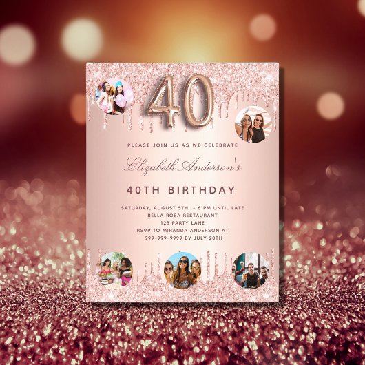 Papier Budget 40e anniversaire rose d'or invitation photo
