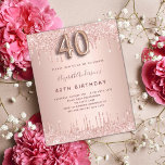 Papier Budget 40e anniversaire rose parties scintillant o<br><div class="desc">Une invitation moderne, élégante et glamour pour une fête de 40e anniversaire. Un arrière - plan en or rose avec des gouttes de parties scintillant imitation, look goutte de peinture. Le nom est écrit avec un rose moderne de couleur or foncé à la main écriture style. Personnalisez et ajoutez les...</div>