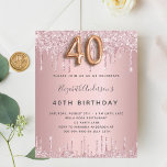 Papier Budget 40e anniversaire rose poussiéreux gouttes d<br><div class="desc">Une invitation moderne, élégante et glamour pour une fête de 40e anniversaire. Un rose poussiéreux, un faux arrière - plan rose à l'apparence métallique avec fausse goutte de parties scintillant, la peinture goutte à goutte. Le nom est écrit avec un script de style moderne en lettres de couleur gris foncé....</div>