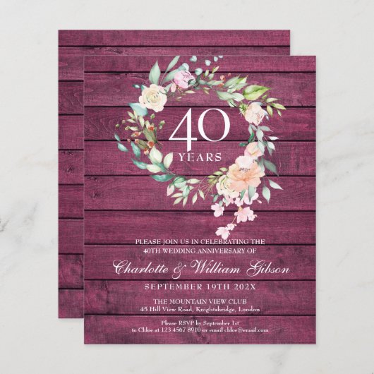 Papier Budget 40e anniversaire Rustic Ruby Invitation (Devant / Derrière)